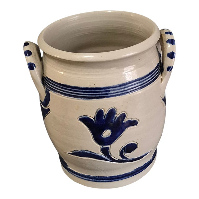 Williamsburg Pottery Salt Glazed Blue Floral Two Handle Jar Marked For Sale