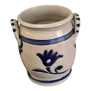Williamsburg Pottery Salt Glazed Blue Floral Two Handle Jar Marked