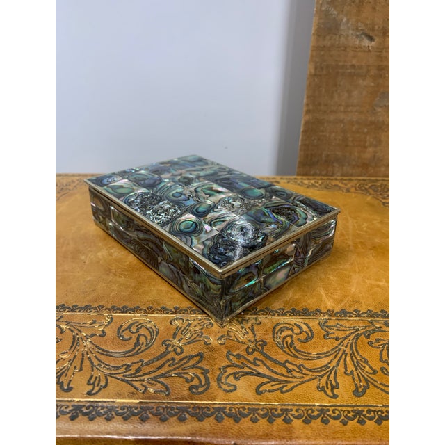 Vintage Mexican Sterling Silver & Patchwork Rainbow Abalone Shell Box with Rosewood Lining. Stamped Hecho Mexico on Bottom.