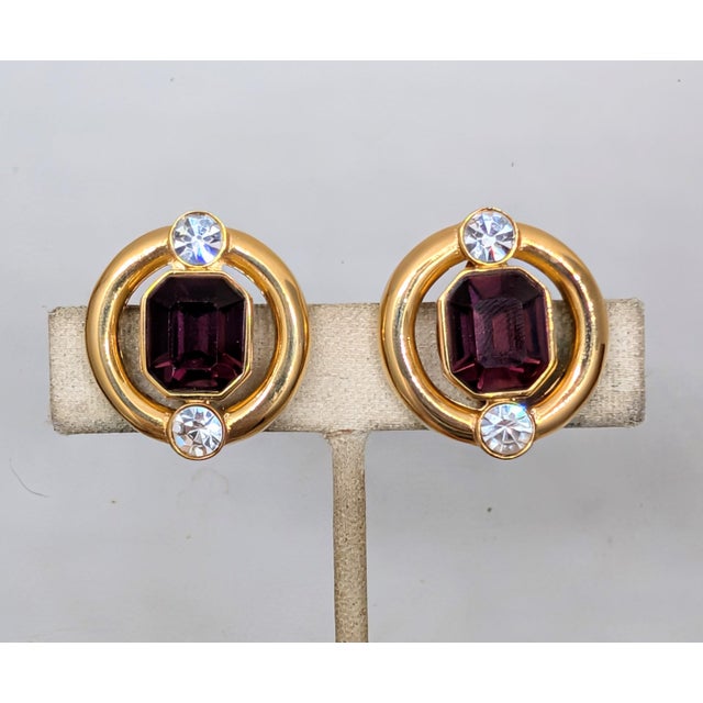 Metal Vintage 1980s Signed Givenchy Round Faux-Amethyst & Clear Rhinestone Clip Earrings-2 Pieces For Sale - Image 7 of 7