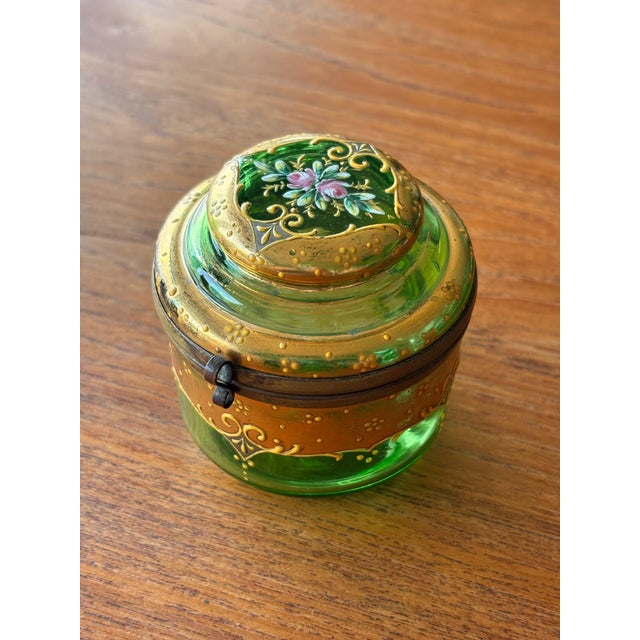 Metal Victorian Moser Art Green Glass and Enamel Bohemian Dresser Box For Sale - Image 7 of 13