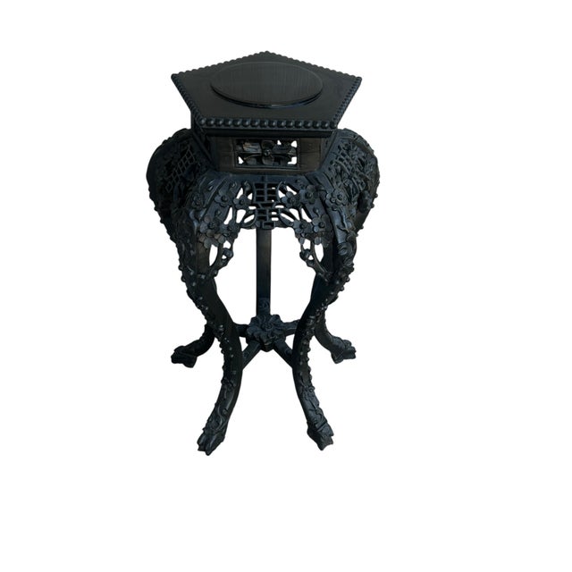 Antique Chinese Ebonized Carved Wood Marble Inset Plant Stand For Sale In Sacramento - Image 6 of 10