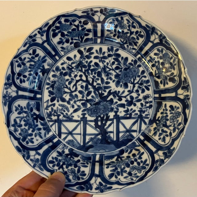 Antique 18th Century Chinese Kangxi Blue and White Porcelain Plate Decorated With Flowering Prunus Tree and Garden Fence For Sale In New York - Image 6 of 11