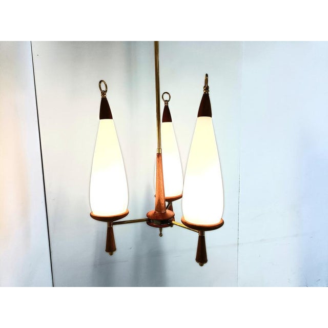 White Vintage Teak Chandelier with White Glass Shades, 1960s For Sale - Image 8 of 10