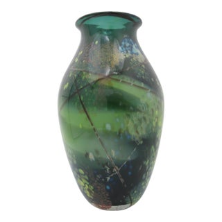 Suzanne Kindland Handblown Icefire Studio Art Glass Green Blue Mottled Vase For Sale