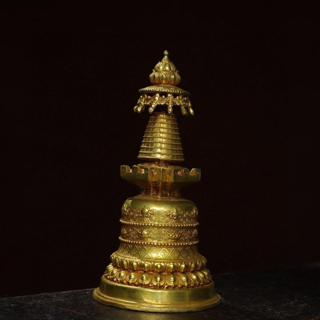 Traditional Vintage Tibetan Gilt Bronze Stupa - Gemstone Inlaid Buddhist Reliquary Pagoda For Sale - Image 3 of 9