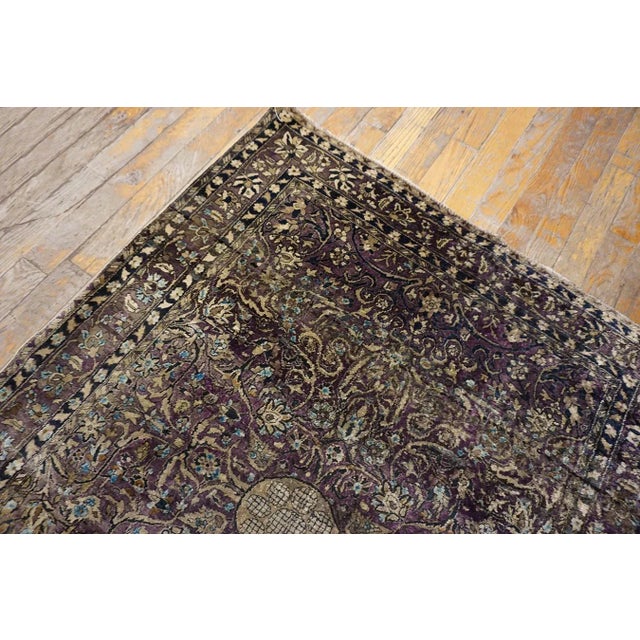 Great Eggplant Purple Background and Detail of Rossette Floral Border Geometric Design Antique Persian Silk Kashan by Kazan For Sale - Image 11 of 15