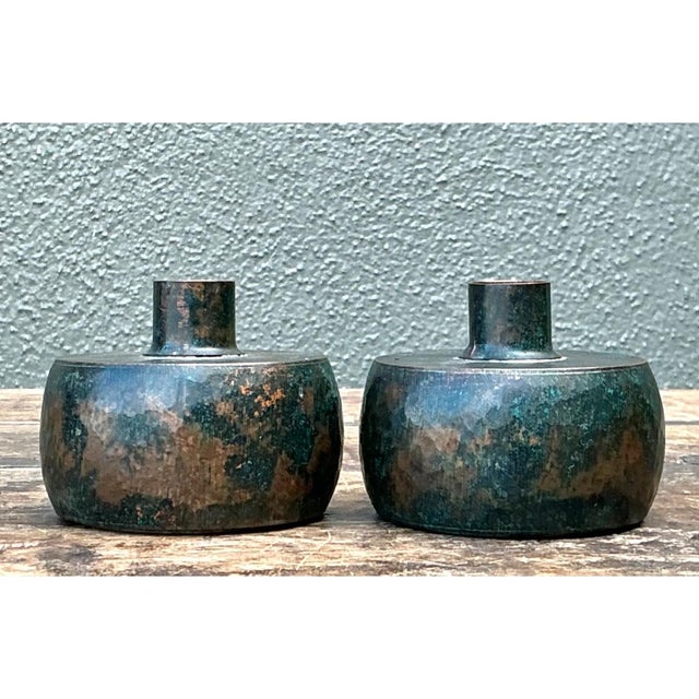 Vintage Patinated Metal Vases - Pair For Sale - Image 10 of 12