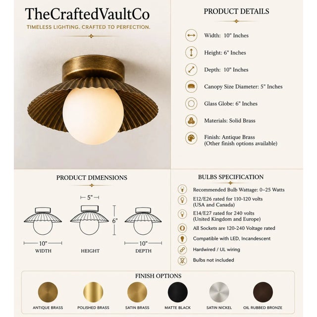 Metal Solid Brass Fluted Flush Mount Ceiling Light With Opal Glass Globe For Sale - Image 7 of 8