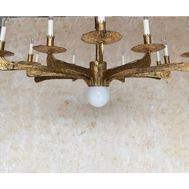 Spanish 1950’s Gilt Iron Twelve-Arm Chandelier With Opaline Glass Center Light For Sale - Image 9 of 18