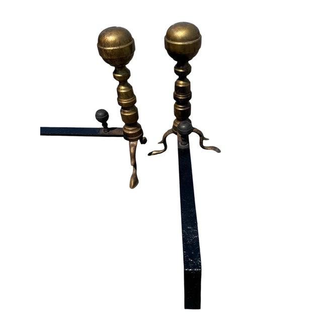 Antique Brass Ball Finial Fireplace Andirons Fire Dogs Pair Early 1900s For Sale In Philadelphia - Image 6 of 18