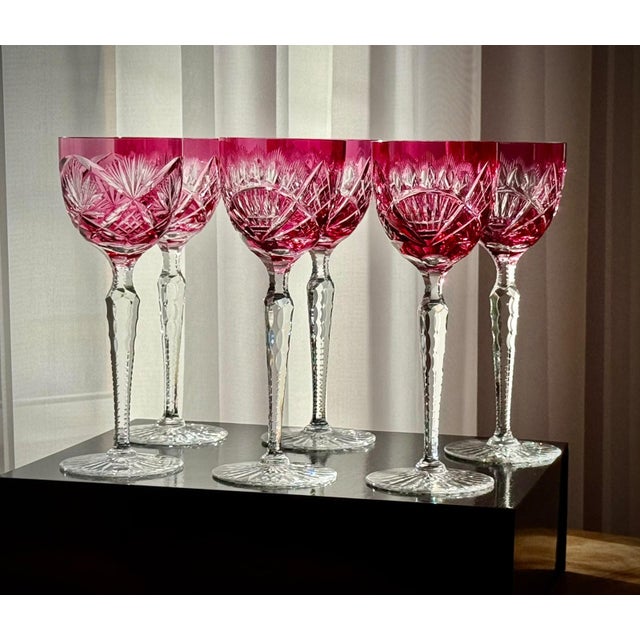 Ruby Cut Crystal Hock Glasses with Peacock and Starburst Cutting, 1950, Set of 6 For Sale - Image 9 of 18