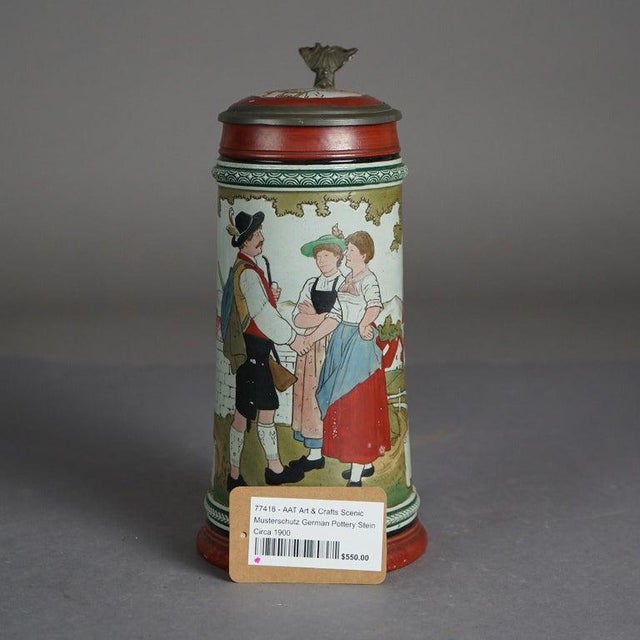 Arts & Crafts Antique Art & Crafts Scenic Musterschutz Germany Pottery Stein Circa 1900 For Sale - Image 3 of 9