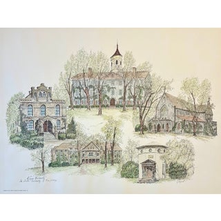 1980s Rutgers University Campus Print by Liz Bryant – Hand-Colored Architectural Illustration, 24” X 18” For Sale