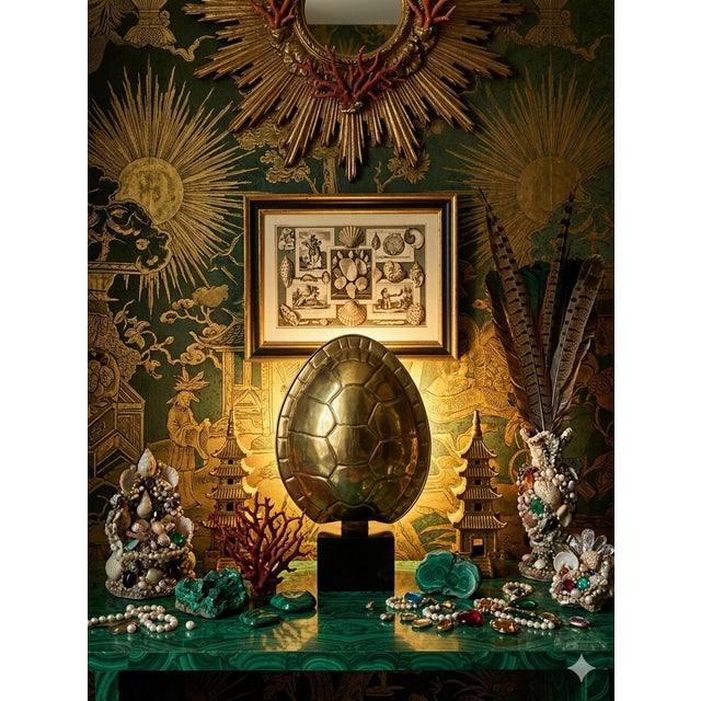 This brilliant 1978 solid brass turtle shell wall wash and shelf table lamp by the iconic Chapman Manufacturing Co. is the...