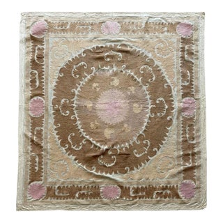 Hand-Embroidered Neutral Tan Suzani Wall Hanging Decor, 5'2'' X 5'4'' For Sale