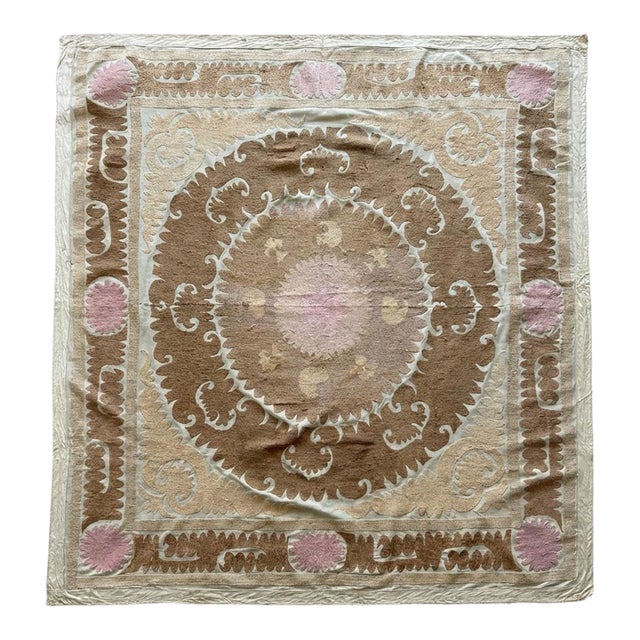 Hand-Embroidered Neutral Tan Suzani Wall Hanging Decor, 5'2'' X 5'4'' For Sale