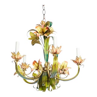 1960s Italian Polychrome Tiger Lily Tole 5-Arm Chandelier For Sale