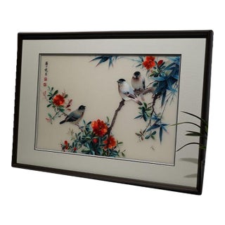 Handcrafted Suzhou Embroidery Flower & Bird Wall Art – Double-Sided Silk Su Xiu Decorative Panel For Sale
