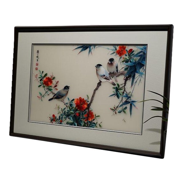 Handcrafted Suzhou Embroidery Flower & Bird Wall Art – Double-Sided Silk Su Xiu Decorative Panel For Sale