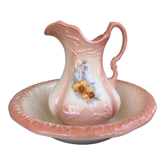 Vintage Peach Glazed Ceramic Wash Basin & Pitcher Set With Floral Motif – Victorian Revival For Sale