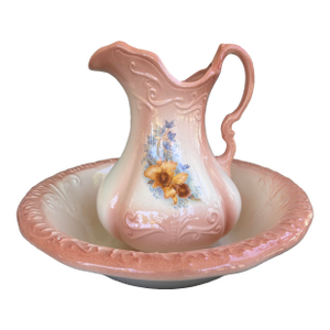 Vintage Peach Glazed Ceramic Wash Basin & Pitcher Set With Floral Motif – Victorian Revival