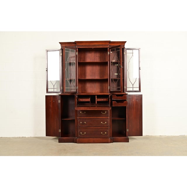 1950s Baker Furniture Style Georgian Banded Mahogany Breakfront Bookcase Cabinet With Drop Front Secretary Desk For Sale - Image 5 of 15