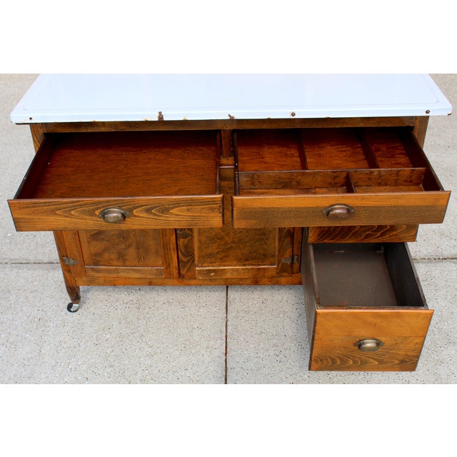 Antique Early 1900s Hoosier Cabinet Dutch Kitchenet Solid Wood Enamel Pull-Out Work Surface Coppes Brothers & Zook Original Hardware For Sale - Image 11 of 15