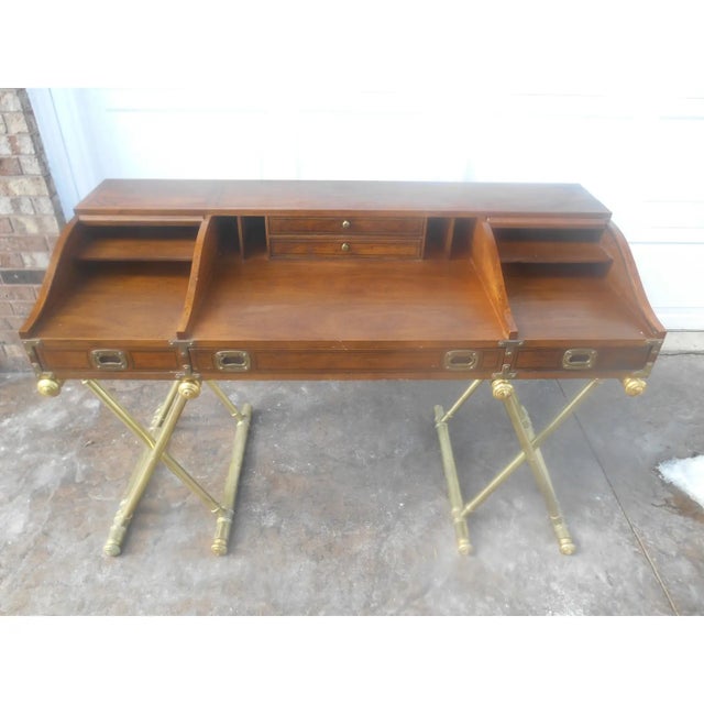 Drexel Vintage 1970's Drexel Oxford Square Campaign Style Desk Faux Brass Legs For Sale - Image 4 of 11