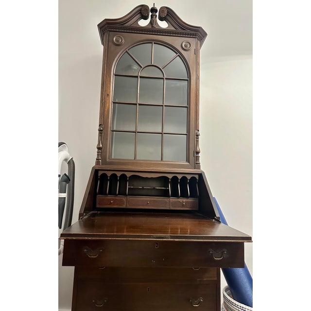 Antique Mahogany Secretary Desk With Arched Glass Cabinet For Sale - Image 4 of 8