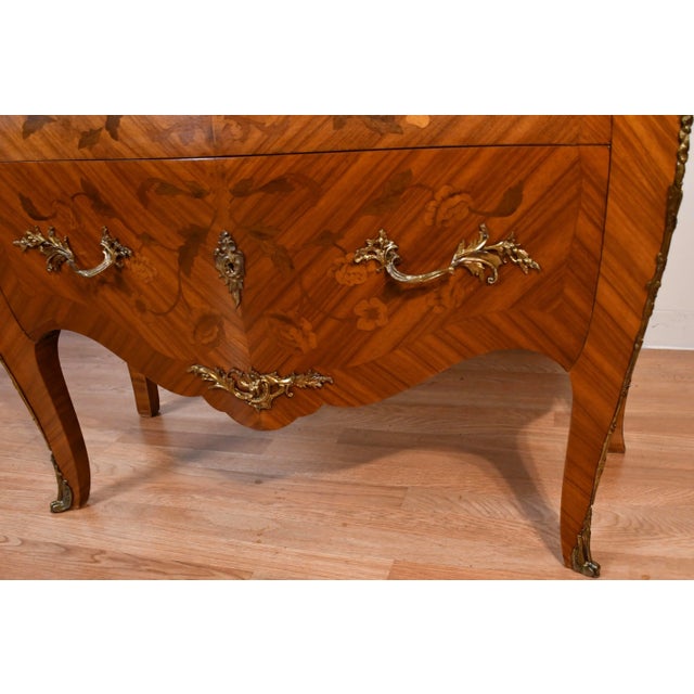1920 Antique French Louis XV Satinwood Inlaid & Marble Top Commode / Dresser For Sale - Image 11 of 18