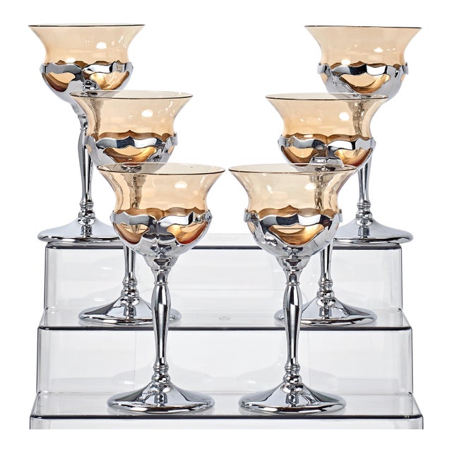 1930s Set of 6 Art Deco Krome Kraft Wine Goblets - Amber - By Farber Bros. For Sale