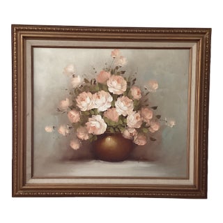 Vintage Floral Still Life Rose Bouquet in Vase Oil Painting on Canvas Signed Framed For Sale