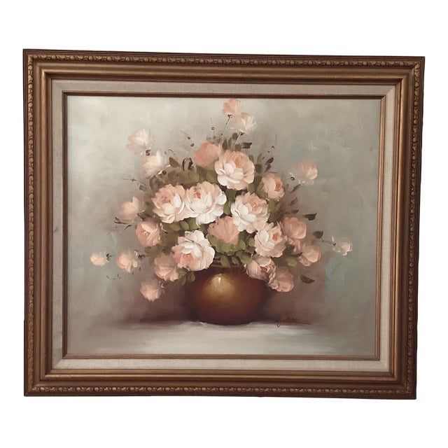 Vintage Floral Still Life Rose Bouquet in Vase Oil Painting on Canvas Signed Framed For Sale