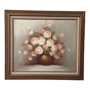 Vintage Floral Still Life Rose Bouquet in Vase Oil Painting on Canvas Signed Framed