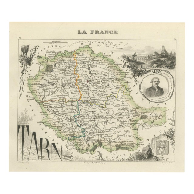 Antique Map of the Tarn, Albi and the Navigator La Perouse, 1860 For Sale