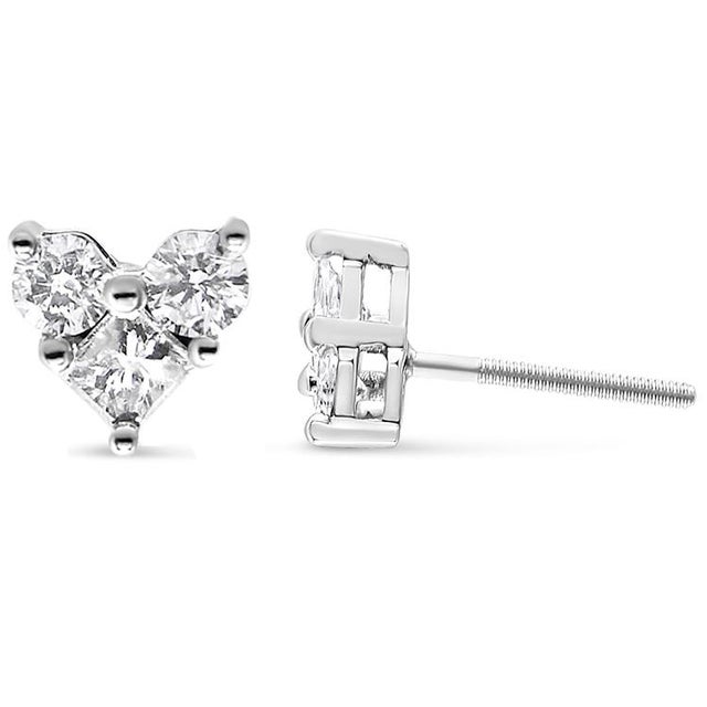 Contemporary 10K White Gold 1/2 Cttw Diamond 3 Stone Trio Heart Stud Earring (I-J Color, I1-I2 Clarity) For Sale - Image 3 of 5