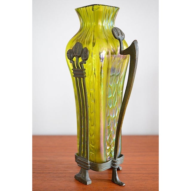 Bauhaus Art Nouveau Glass Vase with Bronze Holder attributed to Johann Lötz Witwe, 1890s For Sale - Image 3 of 12