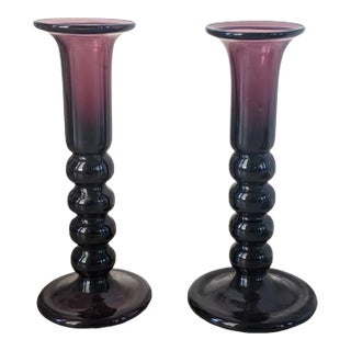 Vintage Amethyst Purple Handblown Glass Candlestick Holders- a Pair For Sale