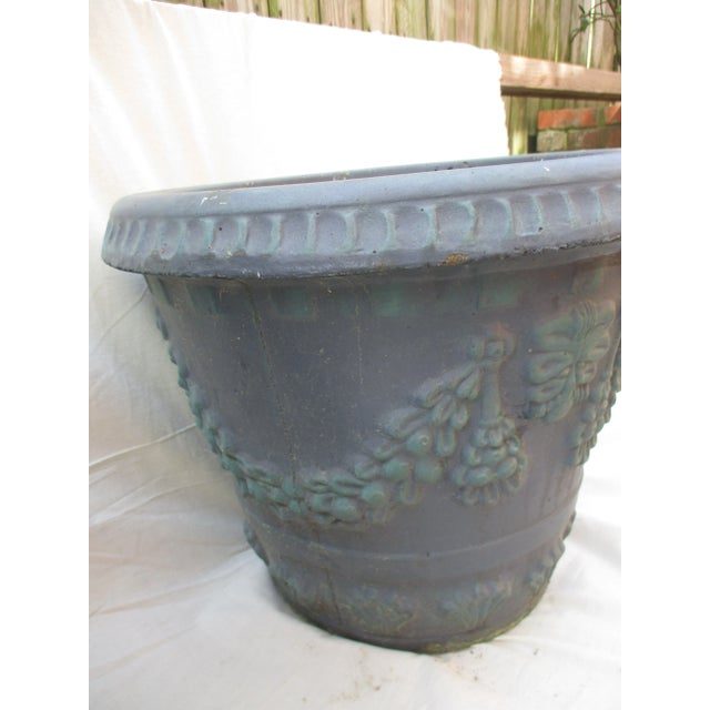 Vintage Ornate Concrete Blue Garden Planters With Garlands of Flowers - Set of 2 For Sale In Columbia, SC - Image 6 of 11