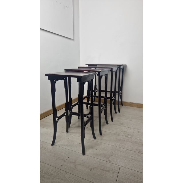 Mid-Century Modern Four 1920s-Style Wooden Nesting Tables with Thonet Label Decorations, Set of 4 For Sale - Image 3 of 18