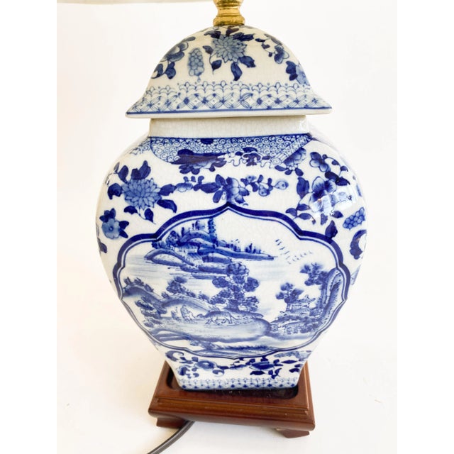Chinoiserie Vintage 1920s Chinese Blue and White Ginger Jar Lamp With Shade For Sale - Image 3 of 11