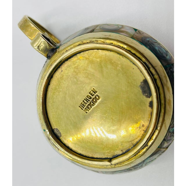 Set of Six Mexican Brass and Abalone Shell Inlay Teacups With Saucers, 1950s For Sale - Image 15 of 18