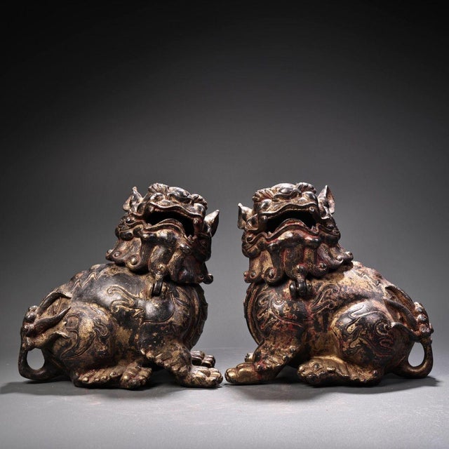 Asian Late 19th Century Pair of Gilt Bronze Guardian Lion Censers, 4200g Total, Foo Dog Incense Burners For Sale - Image 3 of 10