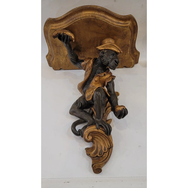 Gold Baroque Carved Wood Pair Maitland Smith Monkey Shelfs With a Banana For Sale - Image 8 of 9