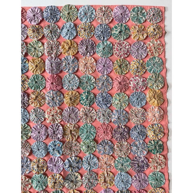 Farmhouse Vintage Handmade Yo-Yo Patchwork Folk Art Quilt For Sale - Image 3 of 5