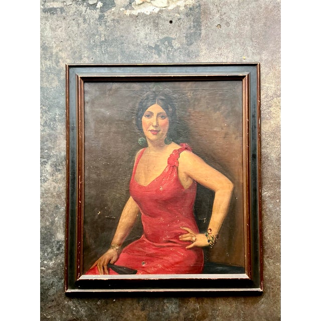 Early 20th Century Vintage Boho Original Art Deco Oil Portrait of Woman For Sale - Image 5 of 5