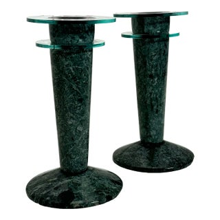 Mid Century Modern Atomic Marble and Lucite Candlesticks, a Pair For Sale
