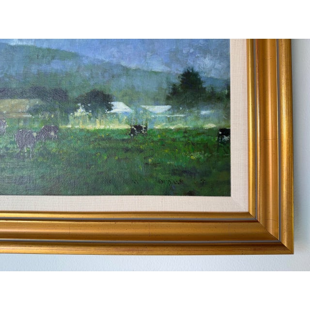 Green Vintage Farm Landscape Oil on Canvas Board Painting – Signed For Sale - Image 8 of 12