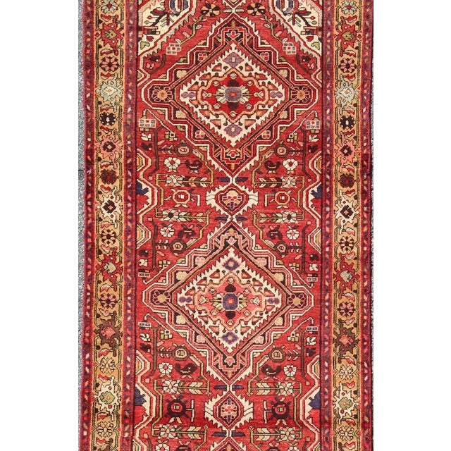 Antique Persian Malayer Runner With Medallion Design in Red & Khaki For Sale - Image 4 of 8